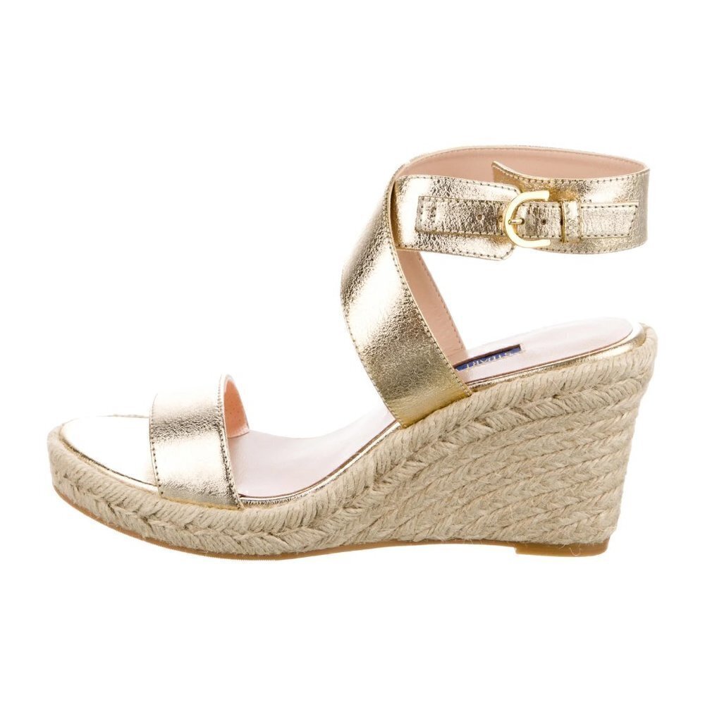 New Stuart Weitzman Lexia Gold Metallic Leather Espadrille Wedge Sandals 7 US - Picture 5 of 7